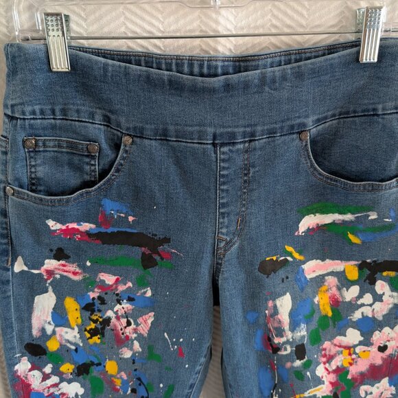 Joseph Ribkoff Pull On Painted Splatter Denim Jeans Size 12 Stretchy Artsy Fun - Picture 4 of 11